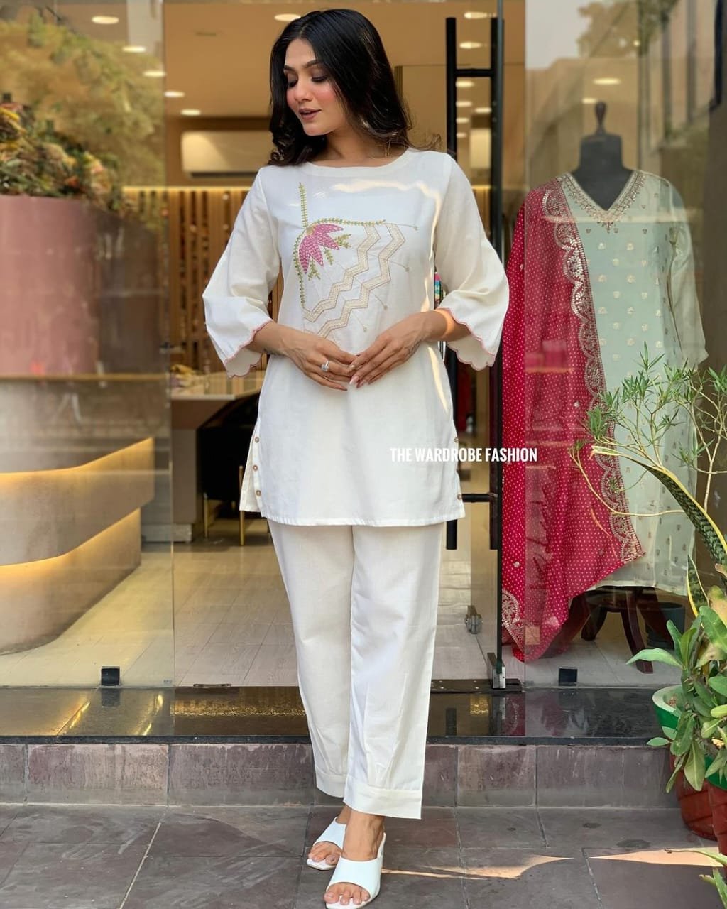 White Cotton Flex Embroidered Co-Ord Set